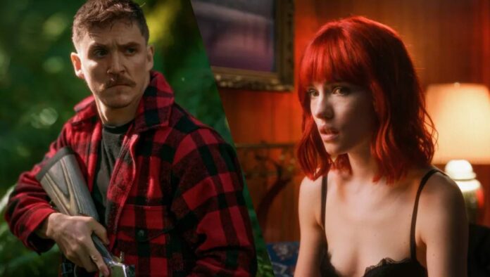 Homem armado e mulher ruiva.