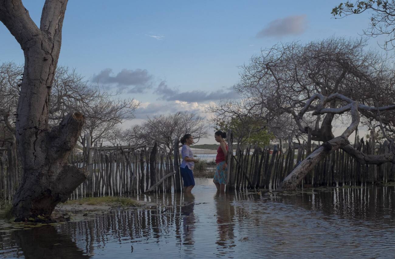 Duas pessoas conversando em lagoa cercada, árvores ao redor.