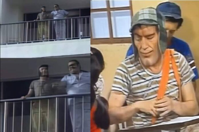 Personagens do Chaves na sacada e na sala.