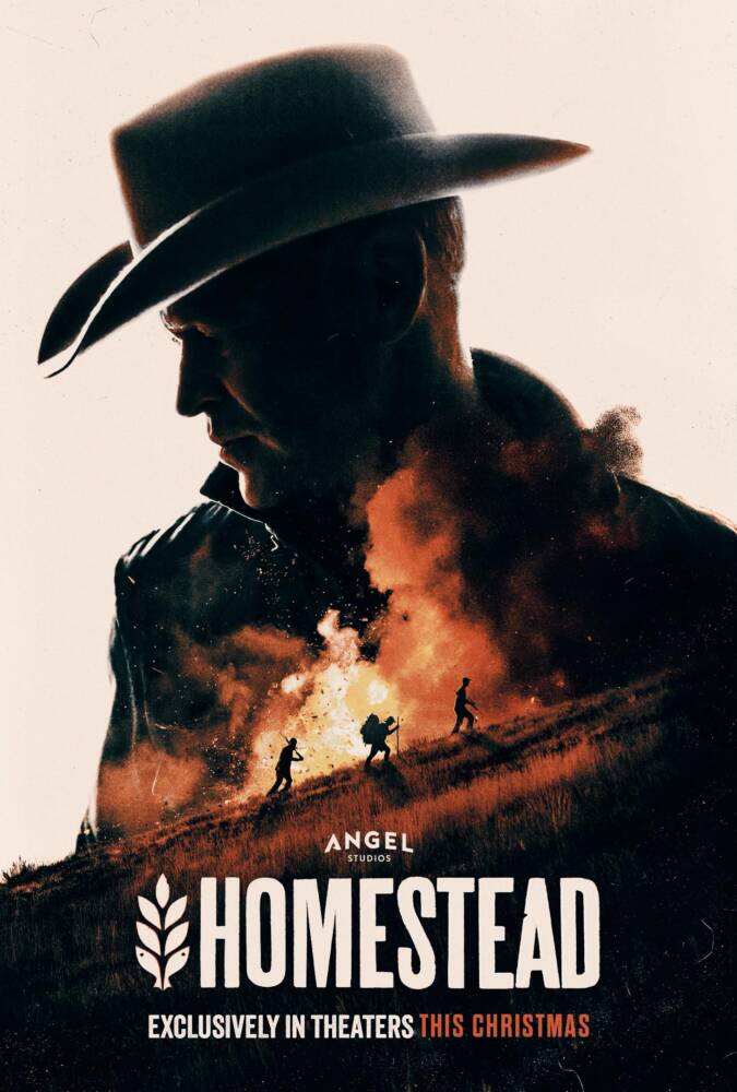 Cartaz de filme 'Homestead' com cowboy e fogo.