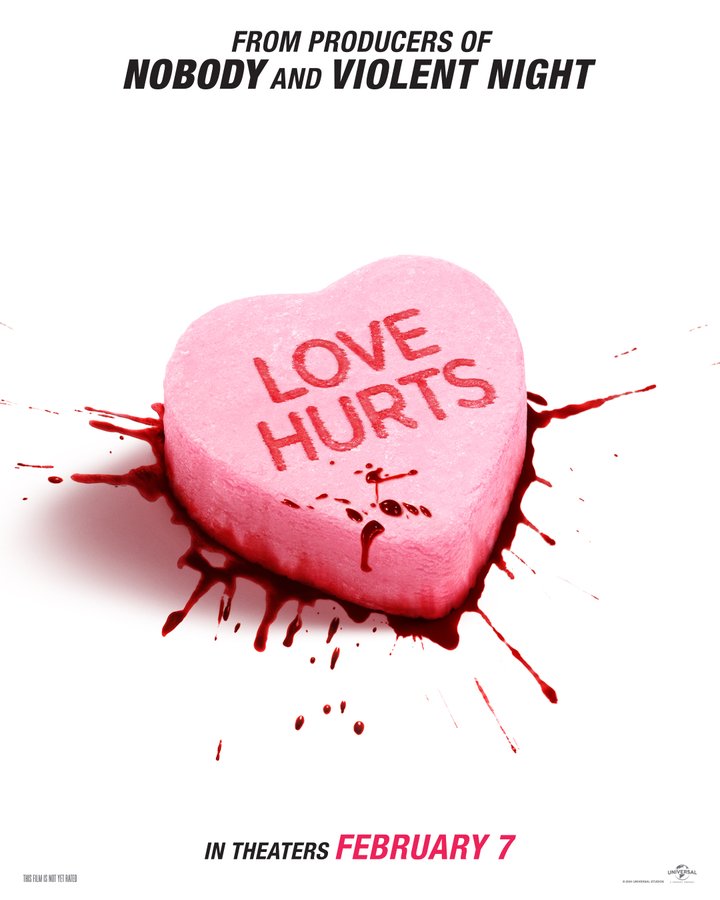 Cartaz de filme com coração sangrando escrito 'Love Hurts'.