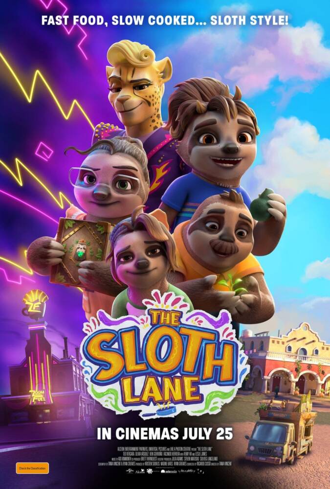 Pôster do filme 'The Sloth Lane' com bichos-preguiça animados.