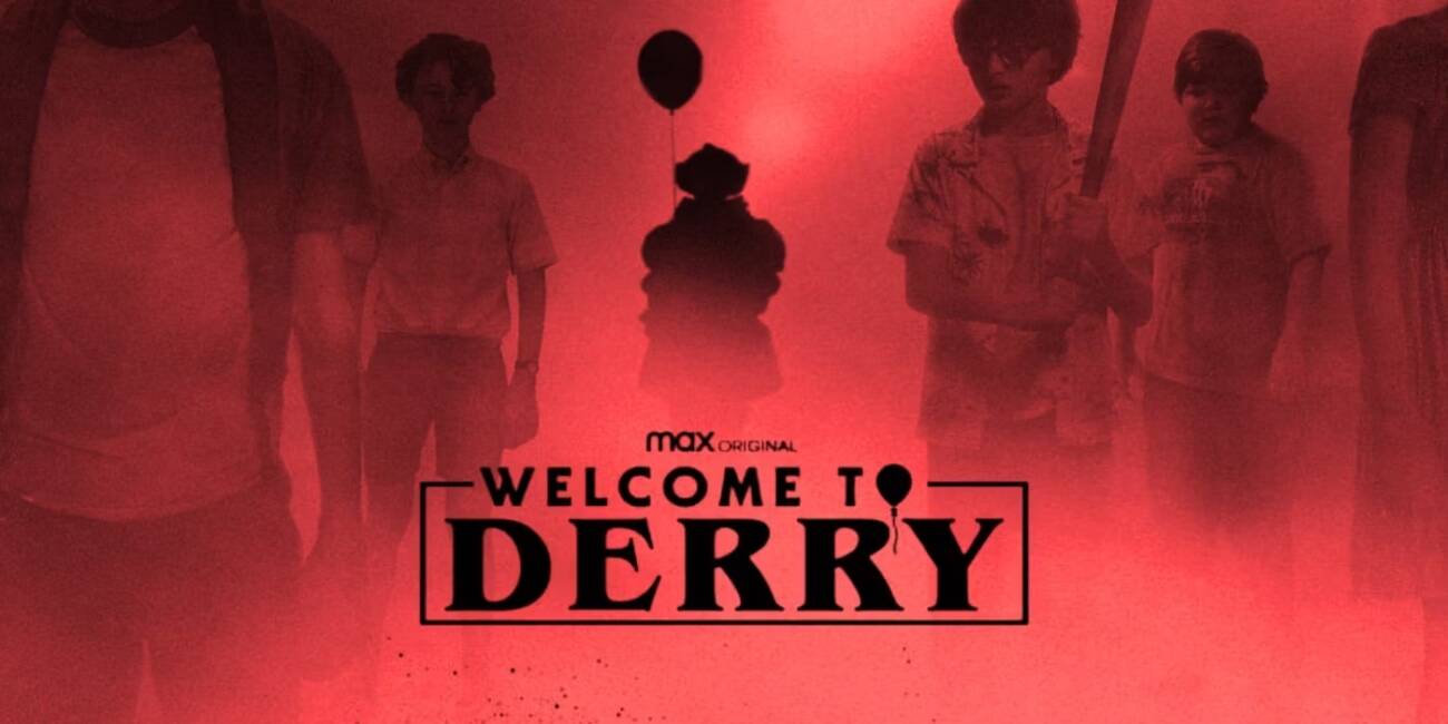 Pôster de 'Welcome to Derry' com silhueta e balão vermelho