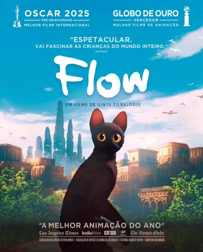 Pôster do filme Flow com gato preto em cenário antigo