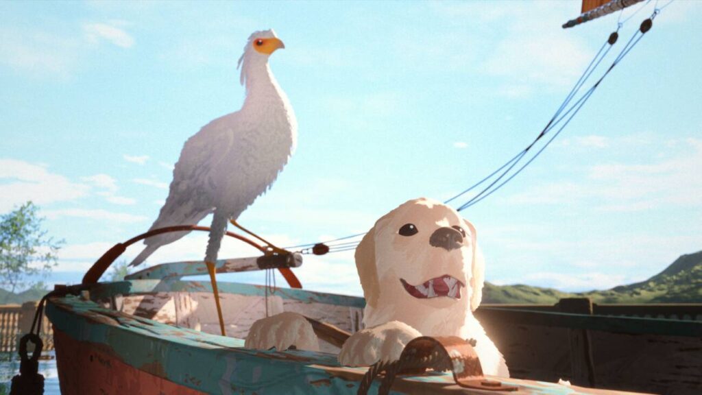 Cão e pássaro animados em barco sob céu azul