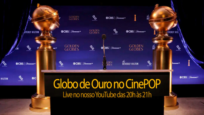 Troféus do Globo de Ouro sobre fundo promocional