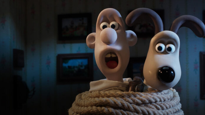 Wallace e Gromit amarrados com expressões preocupadas