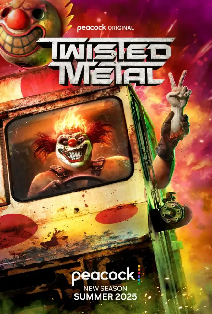 Pôster Twisted Metal, palhaço em van com fogo